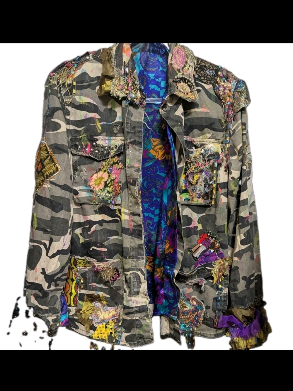John Lennon Camo Military Distressed Jacket Embroidery Size XL - Picture 3 of 17